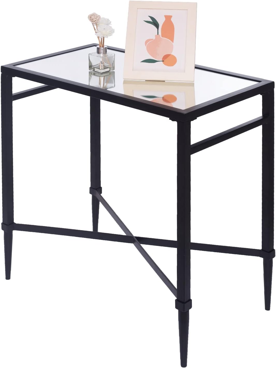 Black End Table, Rectangle Side Table with Mirrored Top, Modern Metal End Table, Small Narrow Side Table for Living Room, Balcony, 22" L x 12.4" W x 24" D