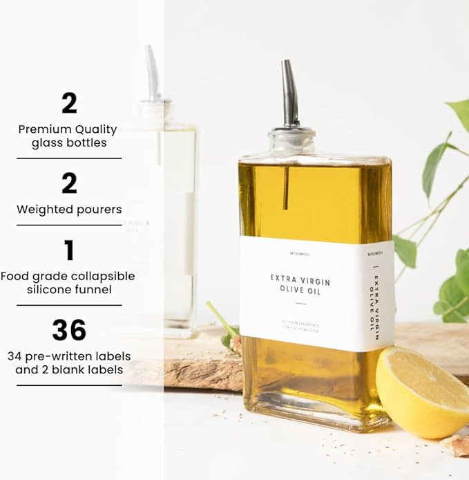 Molimoli Olive Oil Dispenser Bottle for Kitchen, Automatic Pourer, Glass Thin Bottle Dispenser for Kitchen, Olive Oil Cruet, | Set of 2 - Silver