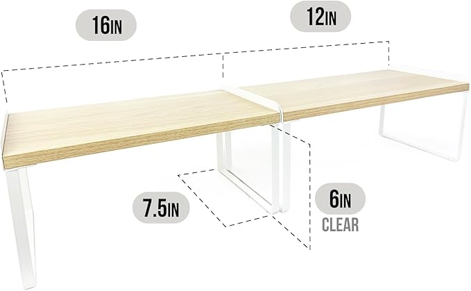 Mitus Shelf Organizer and Storage, Stackable Tiered Wood Cabinet Rack for Countertops, Desktops, Cabinets (Set of 2) 12" and 16" Wide Natural Oak and White