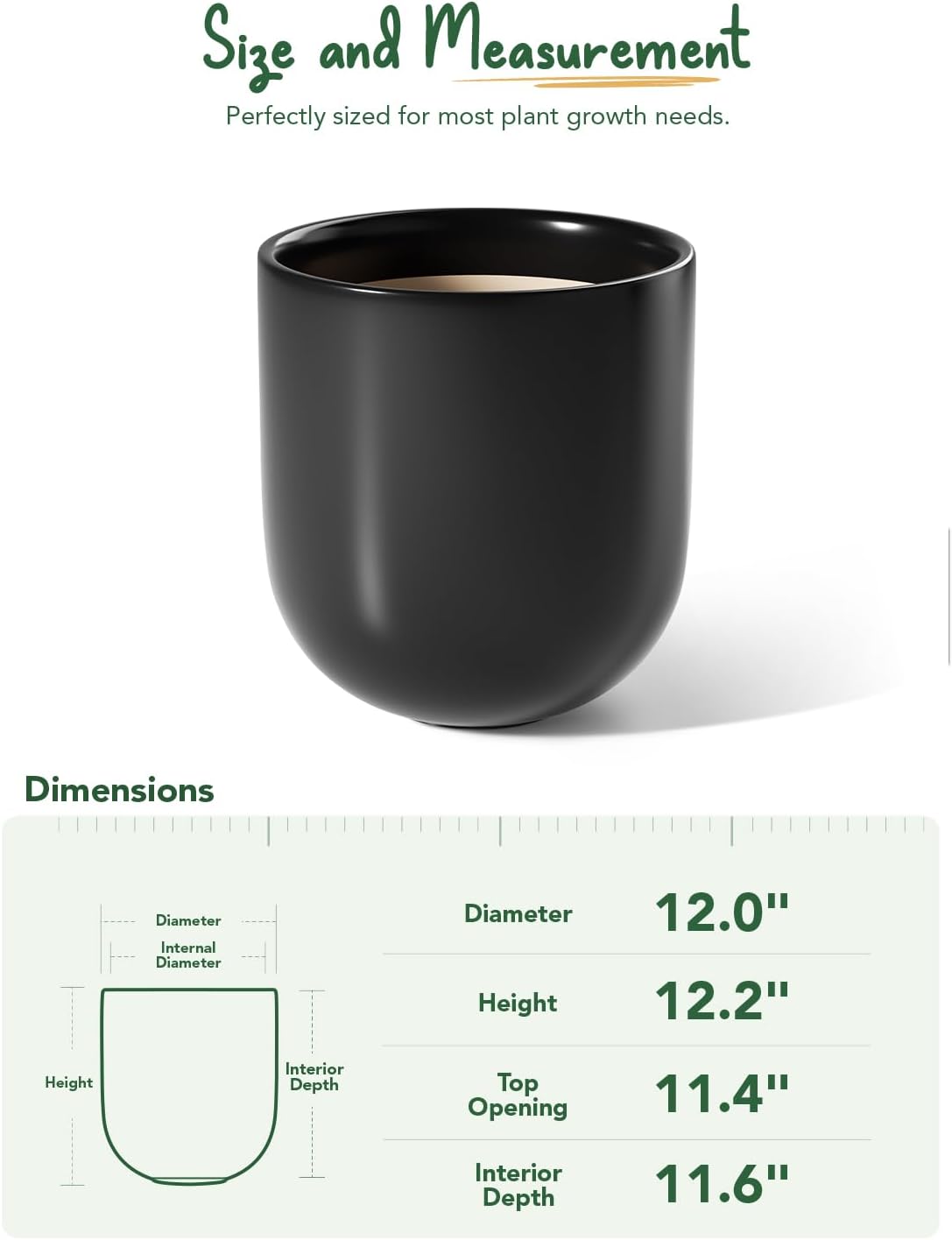 LE TAUCI 12 Inch Pots for Plants, Ceramic Large Planters for Home Garden Patio Office, Indoor Modern Plant Pots with Drainage Hole and Rubber Plug, Black