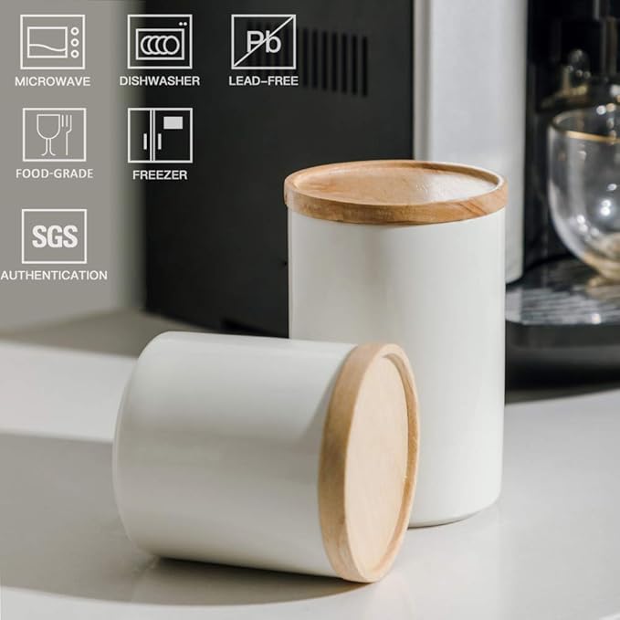 Sweejar Kitchen Canisters Ceramic Food Storage Jar, Stackable Containers with Airtight Seal Wooden Lid for Serving Ground Coffee, Tea, Sugar, Salt and More - 16 Fl Oz (White)