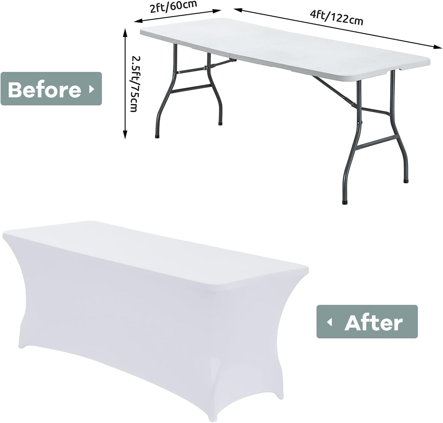 CWK 4FT Waterproof Stretch Spandex Table Cover for Rectangular Tables - Elastic Fitted Tablecloth for Folding Tables,Wrinkle Resistant Table Cloth for Parties, Weddings, Banquets & Events (White)