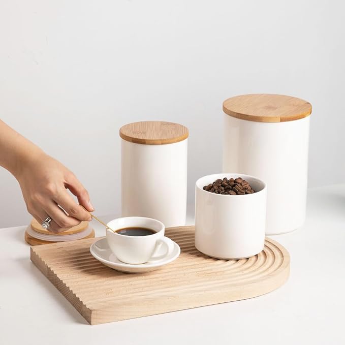Sweejar Ceramic canisters for kitchen counter,Stackable Food Containers Set with Airtight Seal Bamboo Lid for Serving Ground Coffee, Tea, Spice, Flour and Sugar-Set of 3 (White)
