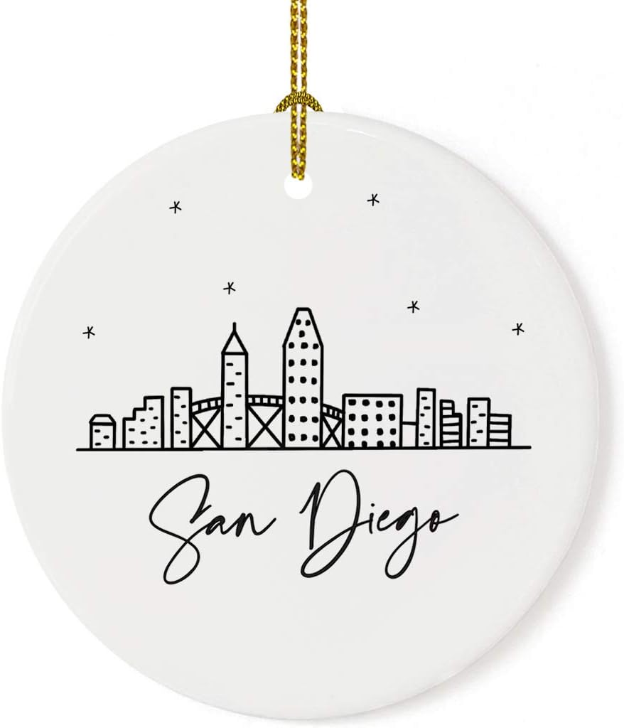 Andaz Press Round Ceramic Porcelain Christmas Tree Ornament Keepsake, San Diego Black and White Stars City Skyline Graphic, 1-Pack, Birthday Gift Idea for Family, Coworker, Him, Her, Includes Gift Box