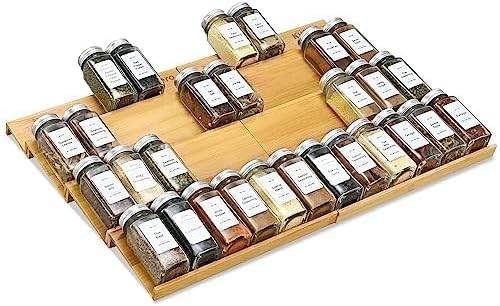 Spice Drawer Organzier,4 Tiers- 8Pcs Bamboo Spice Rack Tray Insert for Cabinet Drawer Countertop, Kitchen Seasoning Storage Drawer Organization,22" Wide x 15.8" Deep （Hold UP To 48 Jars