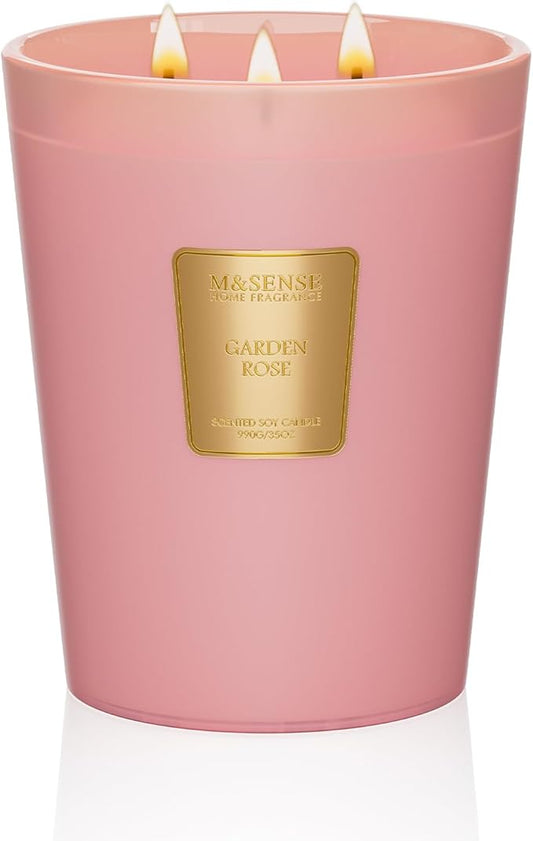M&SENSE Garden Rose Scented Candle 35oz 150H Burn Time Long Lasting, 3-Wick Natural Aromatherapy Candle Highly Scented, Home Fragrance Housewarming Gifts