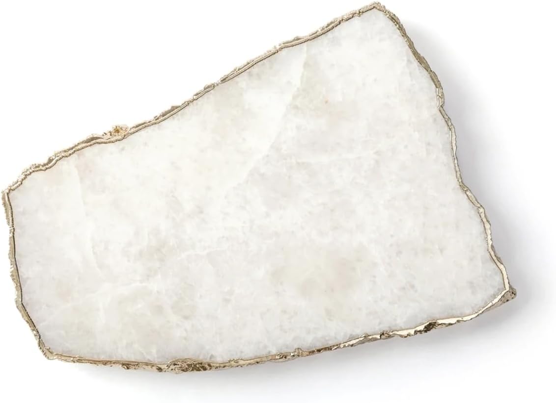Generic White Quartz Agate Cheese Board Platter Tray Gold Plated Edges Agate Slab for Table Centrepiece Geode Stone Gifts For House Warming, Engagement, Wedding, Christmas