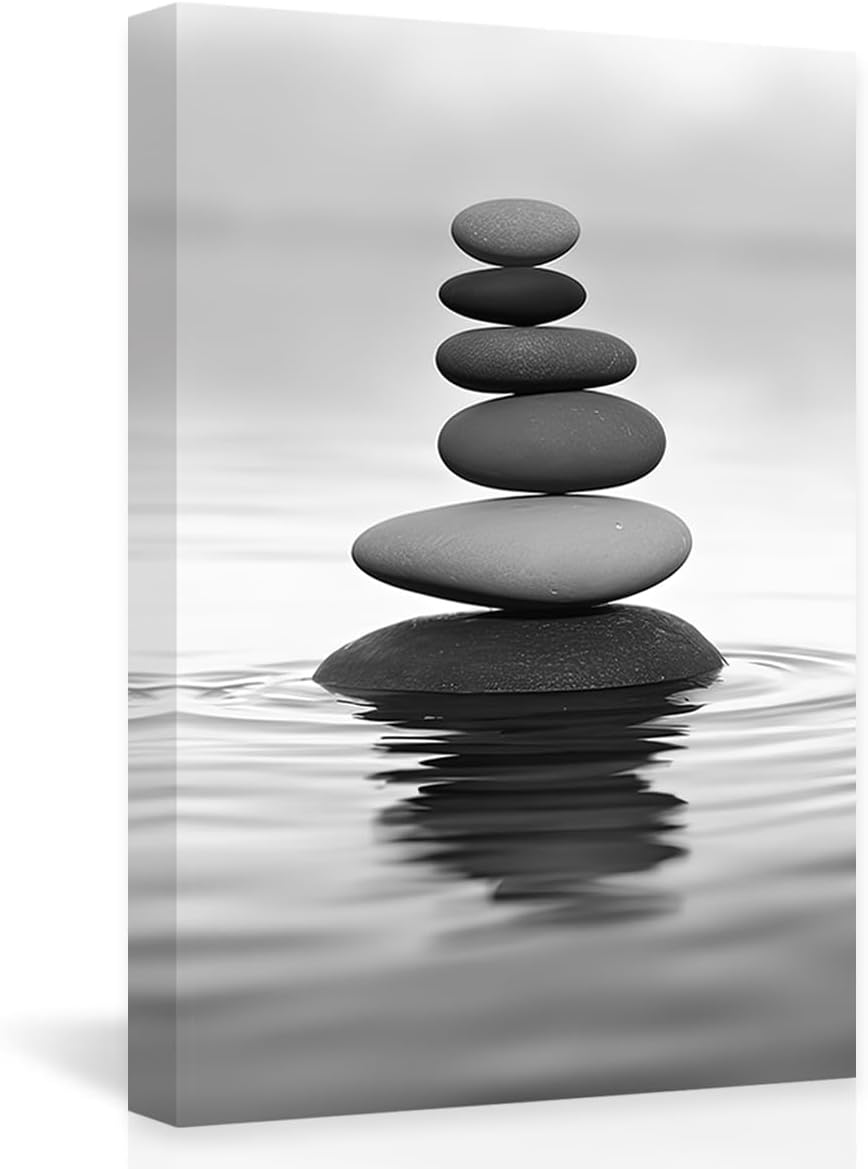 DOARTDO Zen Picture Wall Decor Black and White Zen Stone Canvas Wall Art Spa Stone Picture Print Bathroom Yoga Room Decor Frame (16.00" x 24.00", Zen Stone - 2)