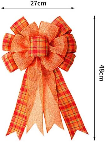 Iceyyyy 3Pcs Large Fall Thanksgiving Wreath Gift Bow -18.8x10.6inch Orange Buffalo Plaid Check Wreath Swag Bow Wreath Pre-Tied Bow for Fall, Thanksgiving, Christmas, Home Indoor Outdoor Ornaments