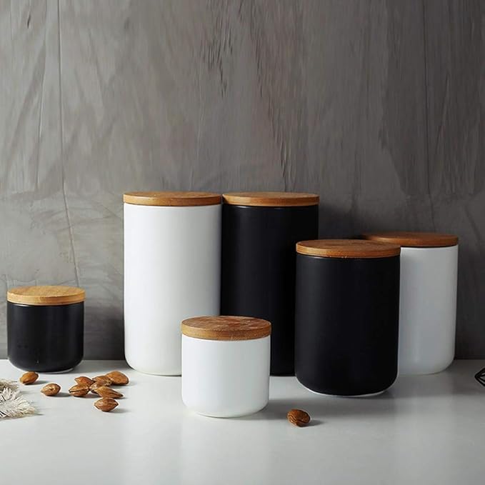 Ceramic Food Storage Jar Canister Modern Design Food Canisters with Airtight Seal Bamboo Lid, Loose Tea Coffee Spice Nuts Snacks Storage Jar Canister (Black 8.79oz/260ml)
