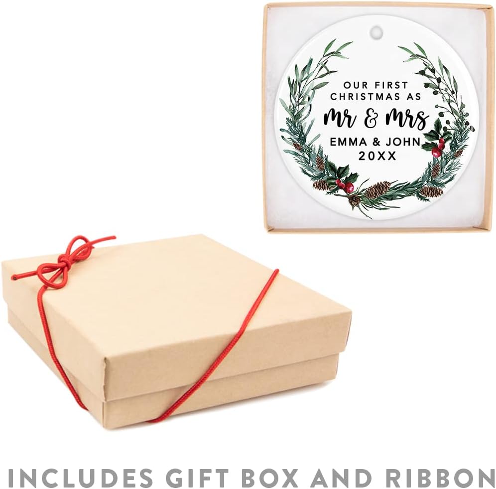 Andaz Press Personalized Our First Christmas As Mr. & Mrs. 2024 Christmas Ornaments Holly & Pinecone Wreath 2.8" Round Porcelain Ceramic 1St Year Married Custom First Christmas Married Ornament 1-Pack