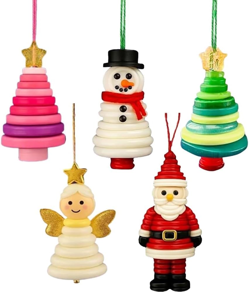 4pcs Button Christmas Tree Ornament Kits, Fun Holiday Decorations for All Ages, DIY Craft Buttons Kit with Christmas Snowman/Santa/Angel, Gifts for Xmas Tree Hanging Decorations (5PCS)