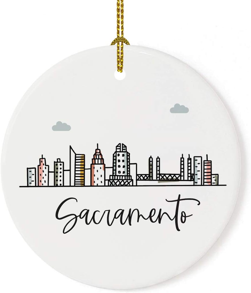 Andaz Press Round Ceramic Porcelain Christmas Tree Ornament Keepsake Gift, Sacramento, Colorful City Skyline Graphic, 1-Pack, Birthday Ideas Family Coworker Him Her, Includes Gift Box