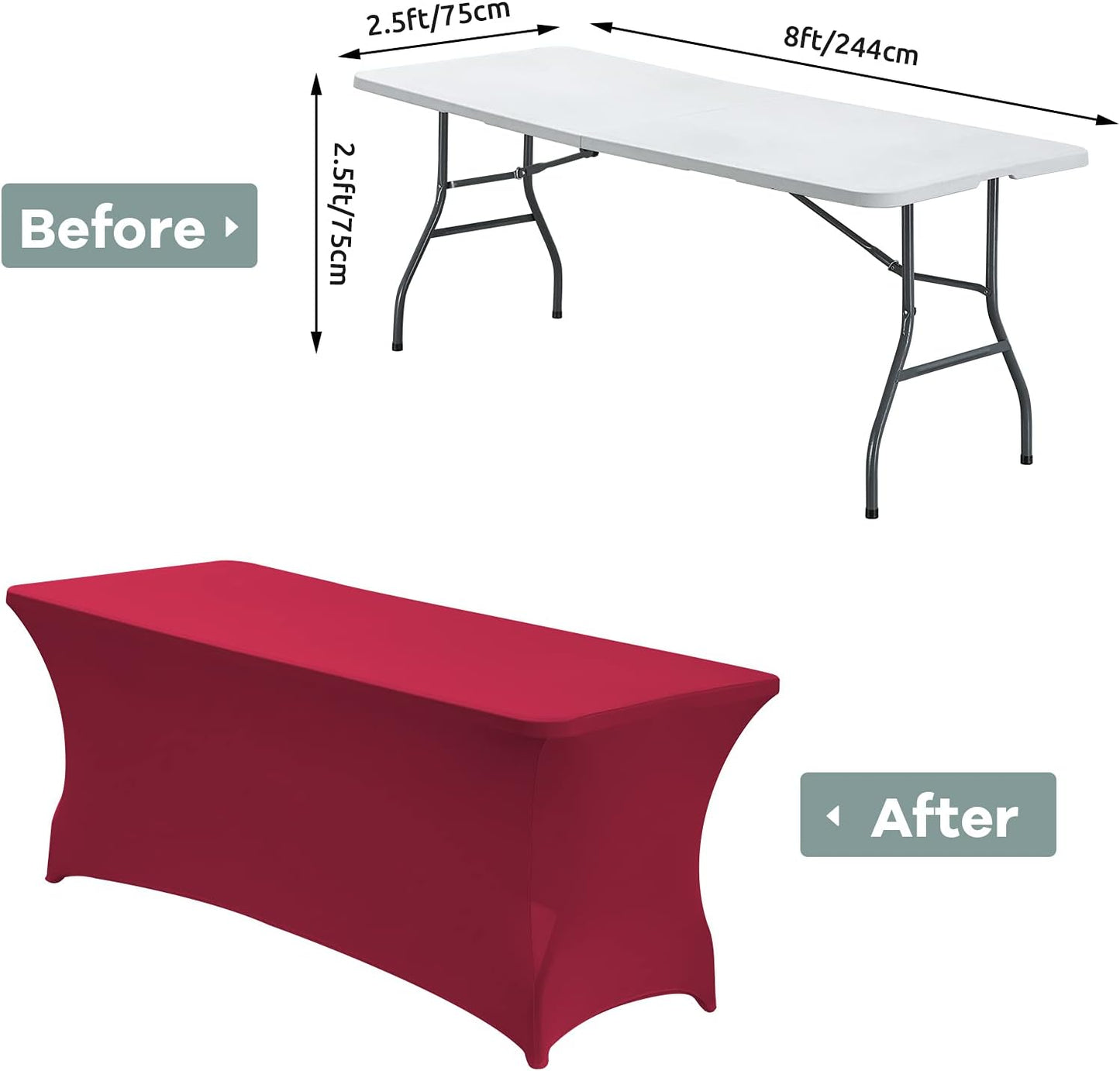 CWK 8FT Waterproof Stretch Spandex Table Cover for Rectangular Tables - Elastic Fitted Tablecloth for Folding Tables,Wrinkle Resistant Table Cloth for Parties, Weddings, Banquets & Events(Apple Red)