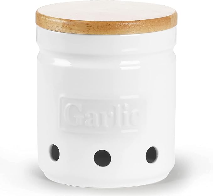 Large Garlic Keeper with Wooden Lid, Ceramic Garlic Holder Storage, Garlic Container for Kitchen, Garlic Saver to Keep Your Garlic Cloves Fresh Longer 4.5-Inch, White