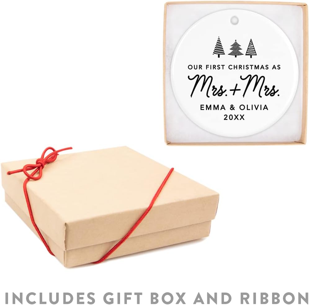 Andaz Press Personalized Our First Christmas As Mrs. & Mrs. 2025 Christmas Ornaments Christmas Trees Design 2.8" Round Porcelain Ceramic Lesbian Married Couple Gay Women Newlyweds Keepsake 1-Pack