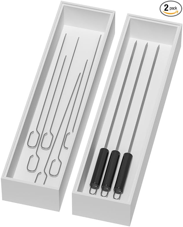 Bamboo Drawer Organizer, Narrow Silverware Organizer for Kitchen, Stackable Utensil Organizer, 2 Pcs Flatware Organizer for Drawer, Wooden Storage Box Tray (White, 12 X 3 X 2 Inch)