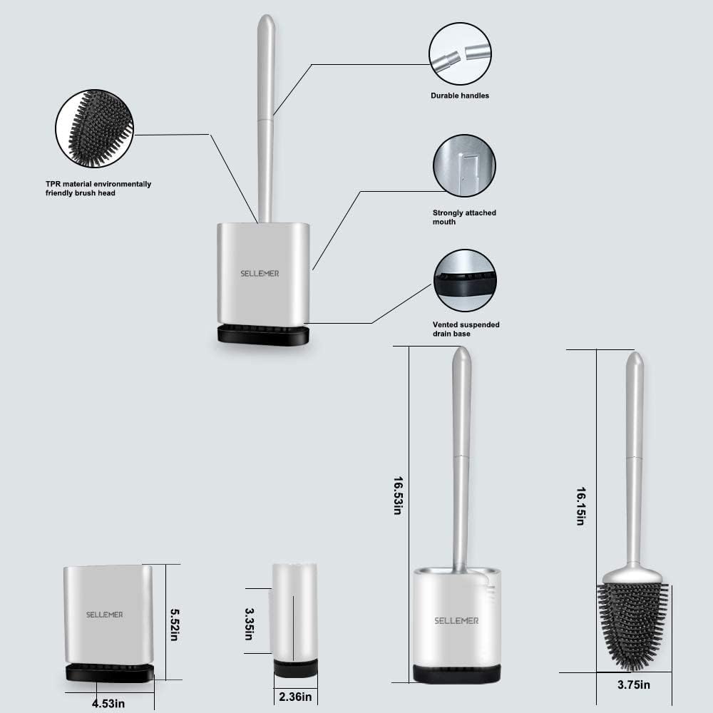 Sellemer Toilet Brush and Holder Set for Bathroom, Flexible Toilet Bowl Brush Head with Silicone Bristles, Compact Size for Storage and Organization, Ventilation Slots Base (2 Pack, Silver)