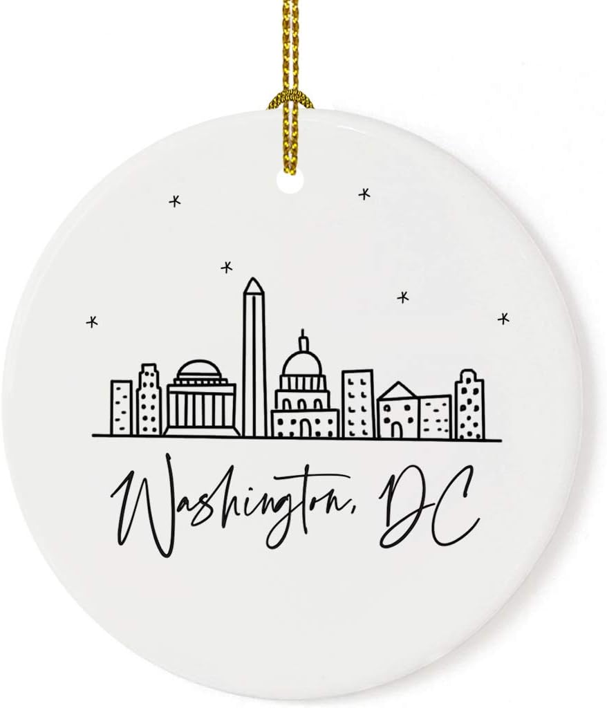 Andaz Press Round Ceramic Porcelain Christmas Tree Ornament, Washington, DC, Black and White Stars City Skyline, 1-Pack, Birthday Family Coworker, Includes Gift Box Washington DC Christmas Ornament