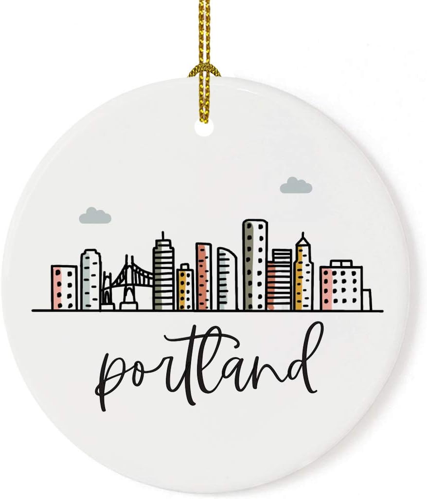 Andaz Press Round Ceramic Porcelain Christmas Tree Ornament Keepsake, Portland Colorful City Skyline Graphic, 1-Pack, Birthday Gift Ideas for Family Coworker, Includes Gift Box