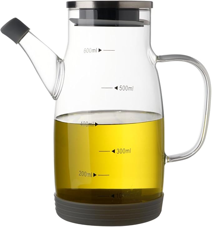 Large Glass Oil Dispenser Bottle for Kitchen Cooking Recipiente Para Aceite De Cocina Olive Oil Vinegar Dispenser Cruet Stainless Steel Lid No Drip Liquid Container (Clear, 20oz / 600ml)