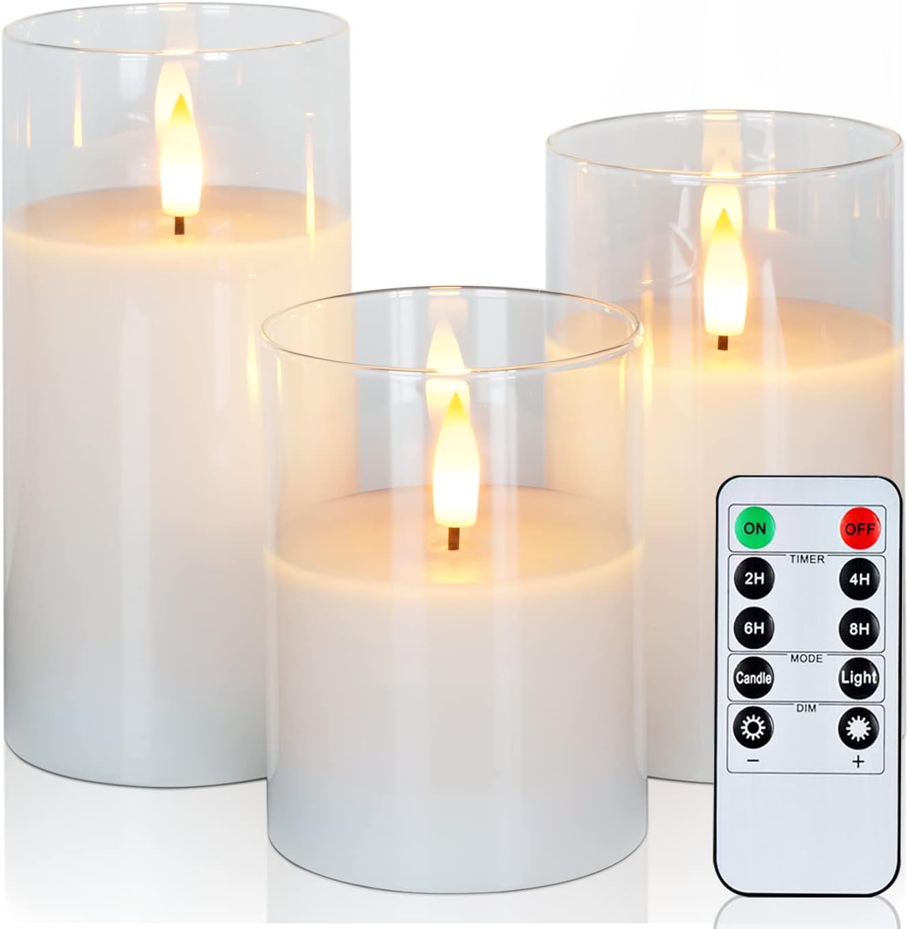 Amagic Clear Glass Flameless Candles Battery Operated with Timer, Remote Control, LED Pillar Candles, Battery Powered, Pure White Wax, Set of 3