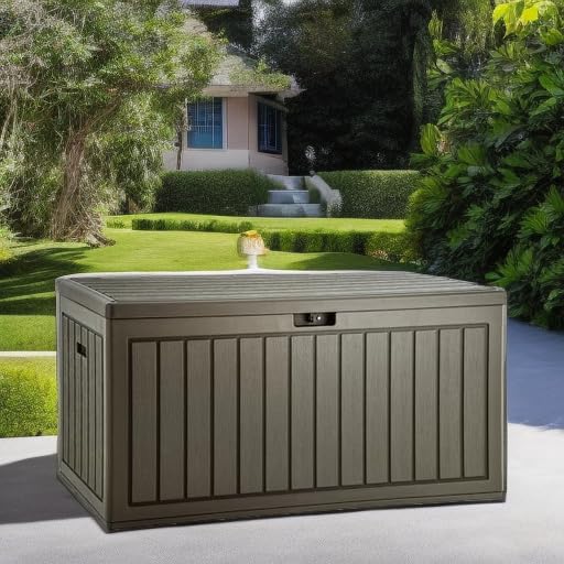 YITAHOME 90 Gallon Large Deck Box, Double-Wall Resin Outdoor Storage Boxes, Deck Storage for Patio Furniture, Cushions, Pool Float, Garden Tools, Lockable & Waterproof (Light Brown)