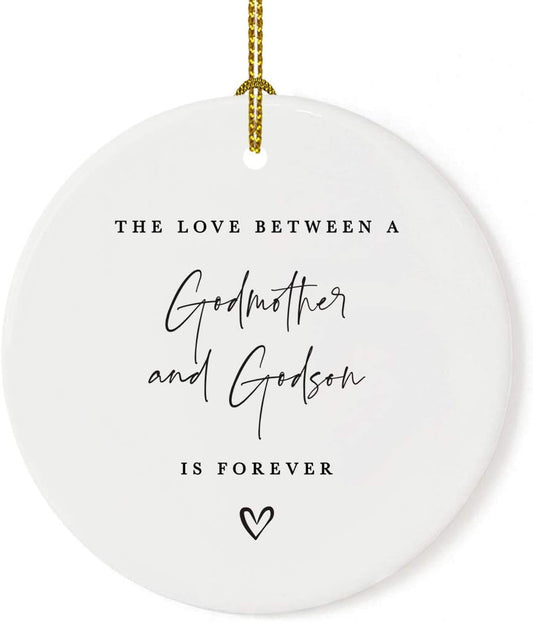 Andaz Press Round Ceramic Porcelain Christmas Tree Ornament Keepsake Collectible Godmother Gift, The Love Between A Godmother And Godson Is Forever, 1-Pack Godmother Ornament 2025 Godson Ornament 2025