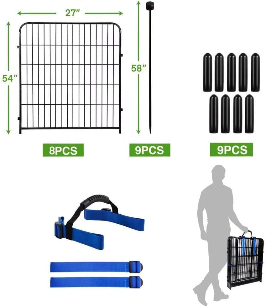 Doorless 54in(H) Garden Fence Animal Barrier, 8 Panels Total 17.7 Ft(L) Outdoor Dog Fence, Black Metal Dog Fences for The Yard, Temporary Fencing