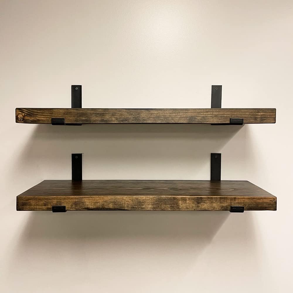 Rustic Shelves with J-Brackets Set of 2, Industrial Shelf, Kitchen Shelves, Solid Wood, Decorative Wall Storage, Heavy Duty, URBANDI (Dark Brown, 36Wx8D)