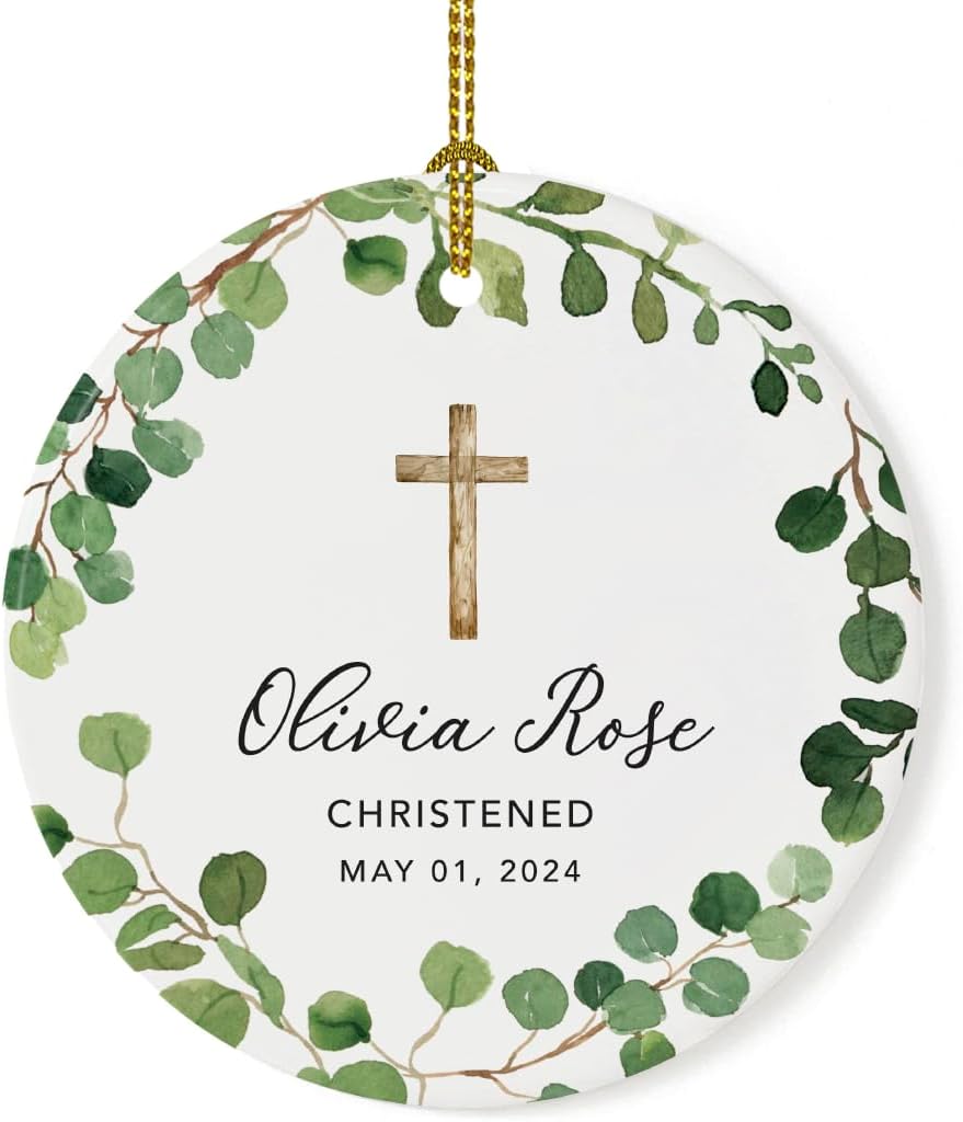 Andaz Press Personalized Round Ceramic Porcelain Christmas Ornament Gift, Olivia Rose Carter, Christened May 1, 2024, Farmhouse Eucalyptus Wreath, 1-PackCustom Christening Gift Ideas