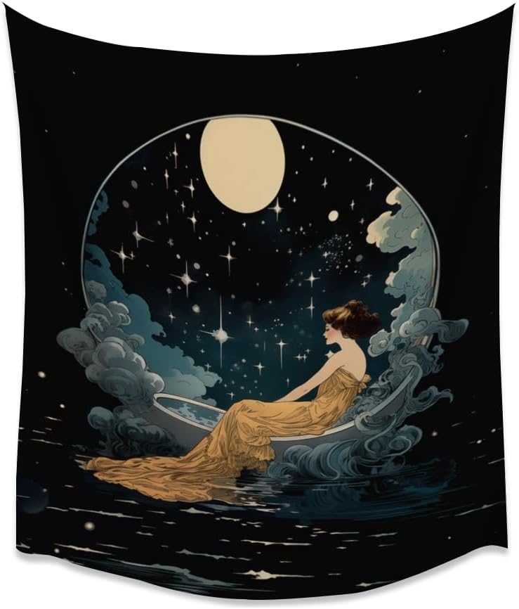 Dark Academia Tapestry Celestial Moonlit Bathing Lady Print Trendy Aesthetic Gothic Wall Hanging Vintage Art Nouveau Tapestries Wall Decor for Bedroom Living Room Dorm 40x60inch