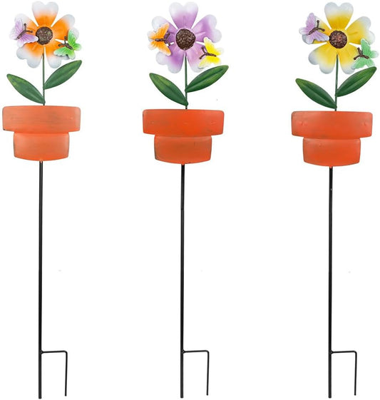 Metal Garden Stakes Decor,3 Pack Flowers Pot Decorative Garden Stakes, Waterproof Spring Outdoor Decor,Metal Flowers Garden Decor for Outside,Lawn,Yard,Pathway