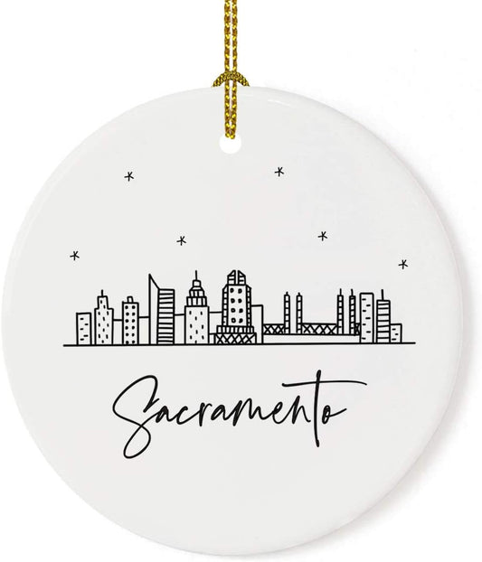 Andaz Press Round Ceramic Porcelain Christmas Tree Ornament Keepsake Gift, Sacramento, Black and White Stars City Skyline Graphic, 1-Pack, Birthday Ideas Family Coworker Him Her, Includes Gift Box