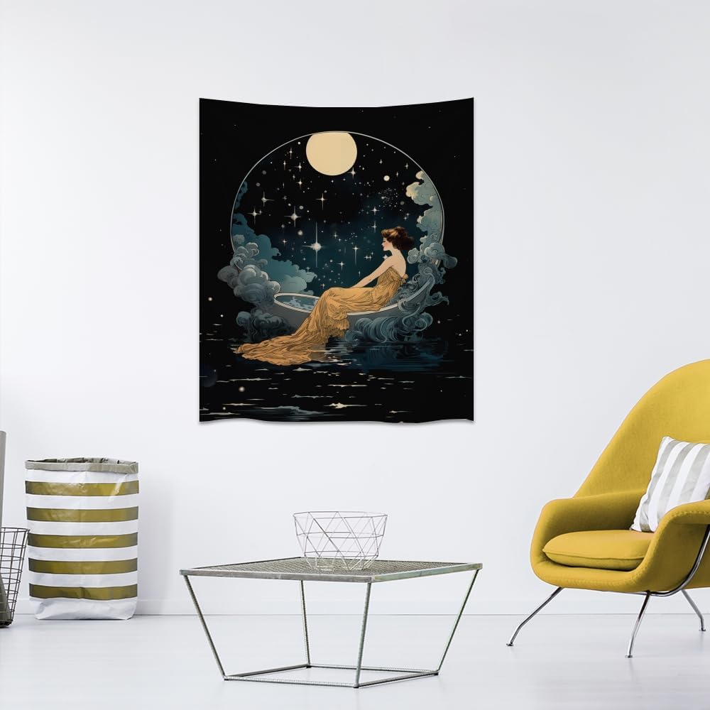 Dark Academia Tapestry Celestial Moonlit Bathing Lady Print Trendy Aesthetic Gothic Wall Hanging Vintage Art Nouveau Tapestries Wall Decor for Bedroom Living Room Dorm 40x60inch