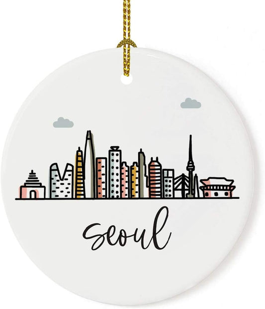Andaz Press Round Ceramic Porcelain Christmas Tree Ornament Keepsake Gift, Seoul, Colorful International City Skyline Graphic, 1-Pack, Birthday Ideas Family Coworker Him Her, Gift Box