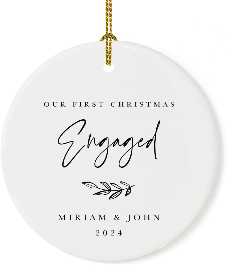 Andaz Press Personalized Wedding Engagement Round Ceramic Porcelain Christmas Ornament Engagement Keepsake Collectible Gift, Our First Christmas Engaged, Miriam & John 2024, Antique Handdrawn, 1-Pack