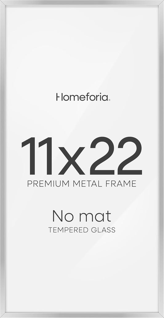 Homeforia 11x22 Newspaper Frame Silver, High End Metal 11 x 22 Picture Frame without Mat, 22x11 Thin Silver Poster Frames for Wall, 11by22 inch Display Photo Frames, Tempered Glass, Wall Kit, Set of 1