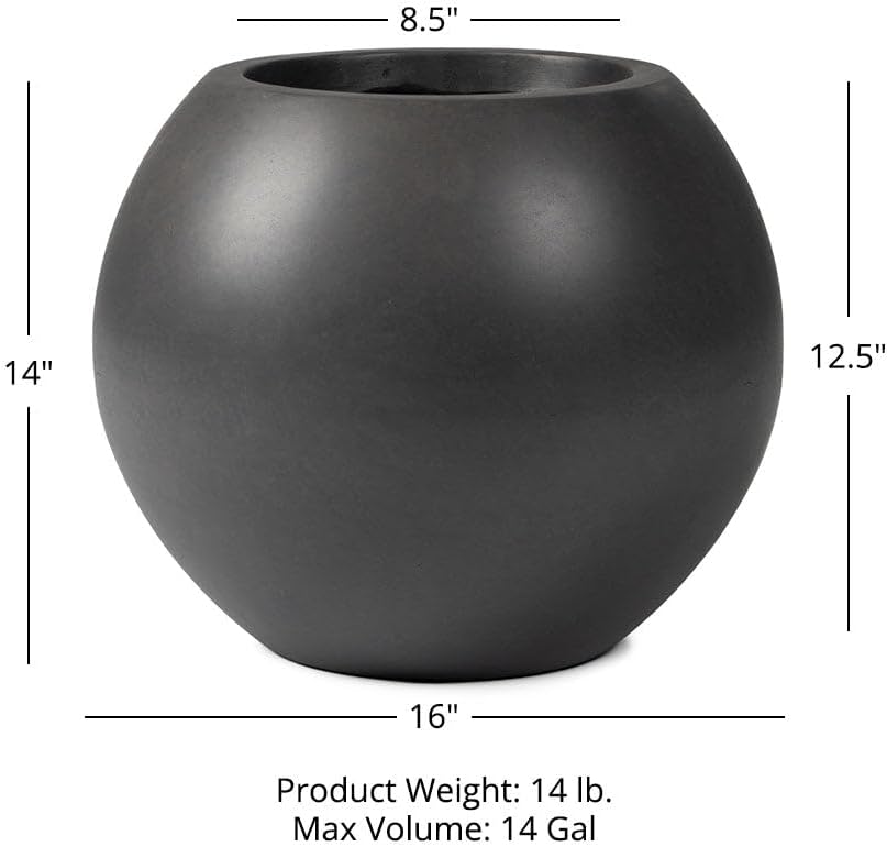 Ash & Ember Onyx 16" D Ceramic Indoor Outdoor Round Sphere Planter, Charcoal, Home Décor Evergreen Weather Resistant Modern Planter Pot, Seamless Herb & Seasonal Flower Garden Box
