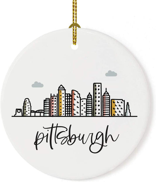 Andaz Press Round Ceramic Porcelain Christmas Tree Ornament Keepsake, Pittsburgh Colorful City Skyline Graphic, 1-Pack, Birthday Gift for Family Coworker Him Her, Includes Gift Box