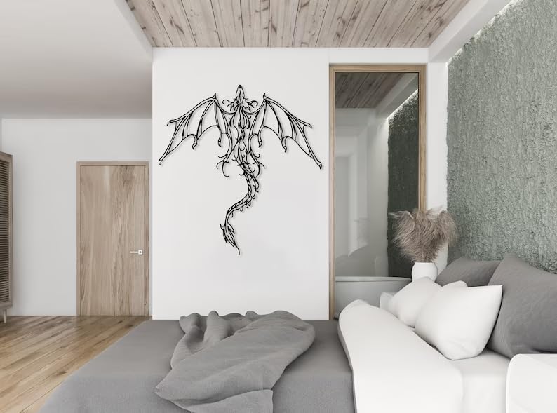 Dragon Metal Wall Art | Legendary Fantastic Dragon Wall Decor | Mythologic Wall Hanging | Man Cave Decorative | Mythic Wyvern Sculpture for Living Room Bedroom Game Room (Black - 23.6'' x 22.7'' / 60