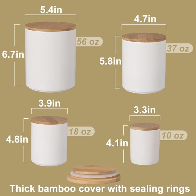 Sweejar Ceramic Canisters Set, Food Storage Jars with Airtight Seal Bamboo Lid, Stackable Containers for Kitchen Counter, Ground Coffee, Flour, Sugar, Cookie, Dog Treats, Candy, Pack of 4 (White)