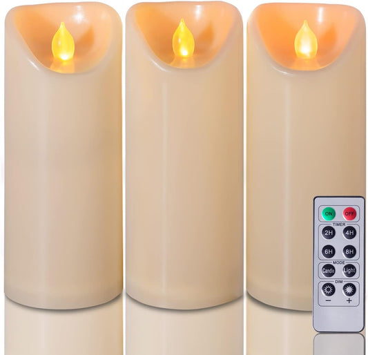 Homemory 3"x7" Outdoor Waterproof Flameless Candles with Timers and Remote Control, Battery Operated Candles, LED Plastic Candles, Ivory, Set of 3