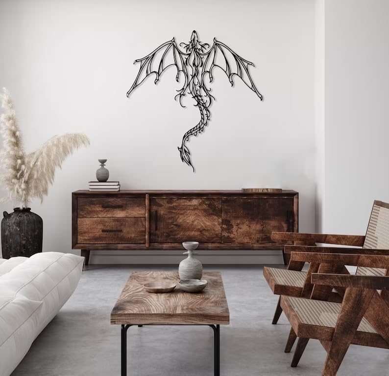 Dragon Metal Wall Art | Legendary Fantastic Dragon Wall Decor | Mythologic Wall Hanging | Man Cave Decorative | Mythic Wyvern Sculpture for Living Room Bedroom Game Room (Black - 23.6'' x 22.7'' / 60