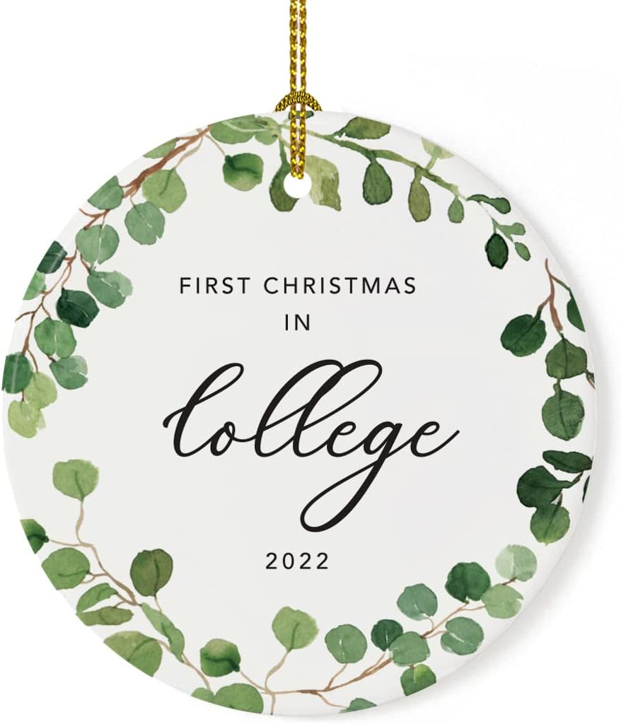 Andaz Press Custom Year Round Ceramic Porcelain Christmas Tree Ornament Keepsake Collectible Gift, First Christmas in College 2025, Farmhouse Eucalyptus Wreath, 1-PackGraduation Gift Ideas