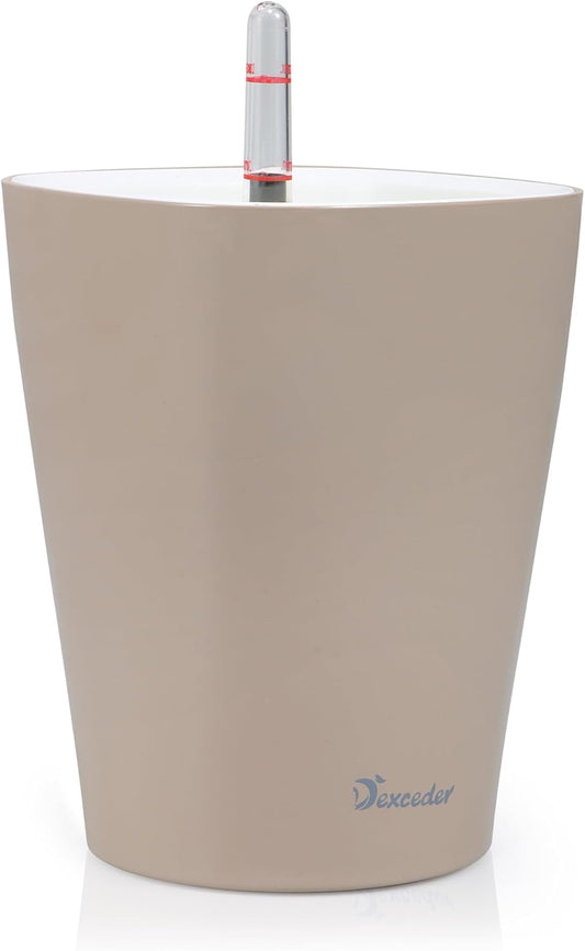 Dexceder 6x7 Self Watering Planter Indoor Outdoor, High Gloss Table Flower Plant Pot with Water Level Indicator (Taupe)