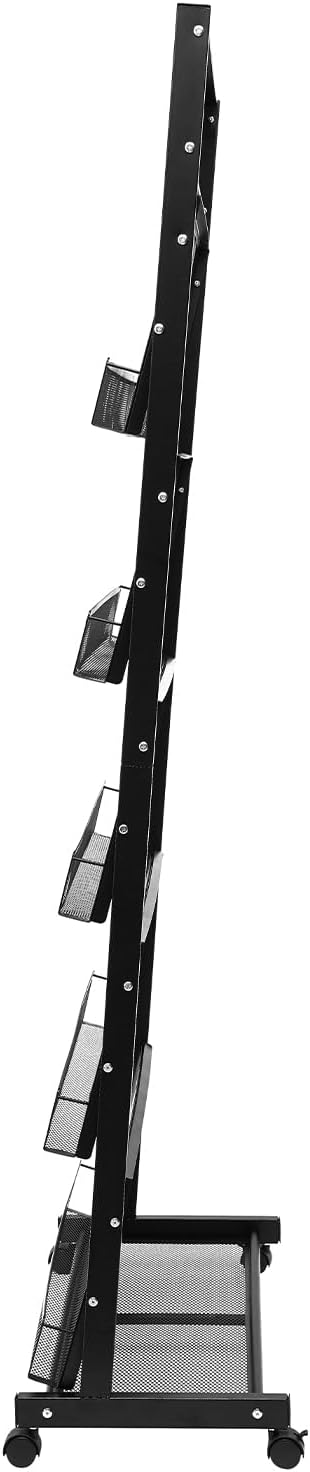 5-Tier Magazine Rack Floor Standing Brochure Display Stand with Universal Wheels & Brakes Metal Magazine Display Rack for Office, Shop