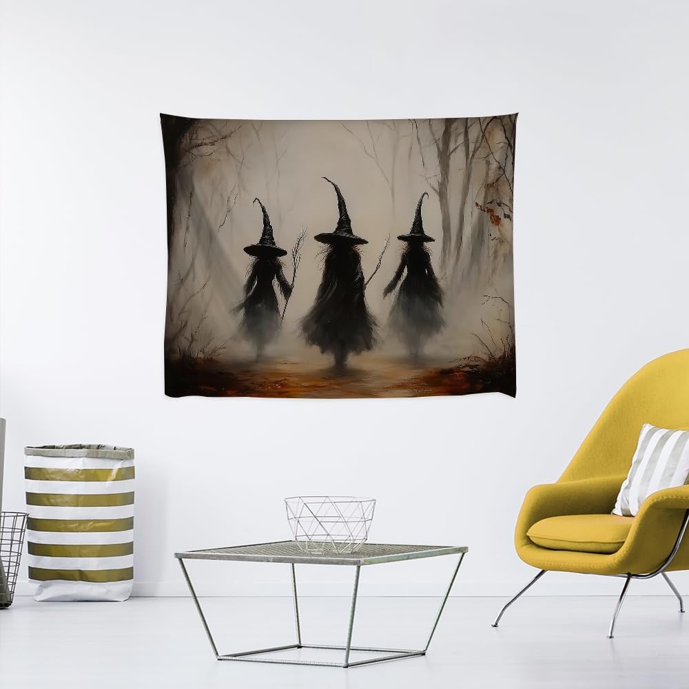 Witchy Halloween Tapestry Wall Hanging Vintage Spooky Witch Room Print Dark Academia Autumn Forest Three Witches Tapestries Decor for Halloween Living Room Bedroom Decoration 70x90inch