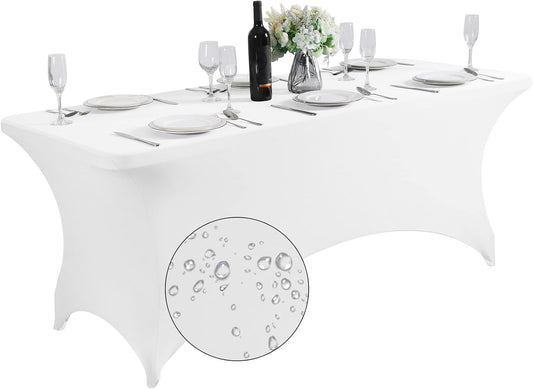 SuperO Waterproof Spandex Table Cover for 6FT Table Universal Fitted Stretch Tablecloth for Party, Banquet, Wedding and Events-White