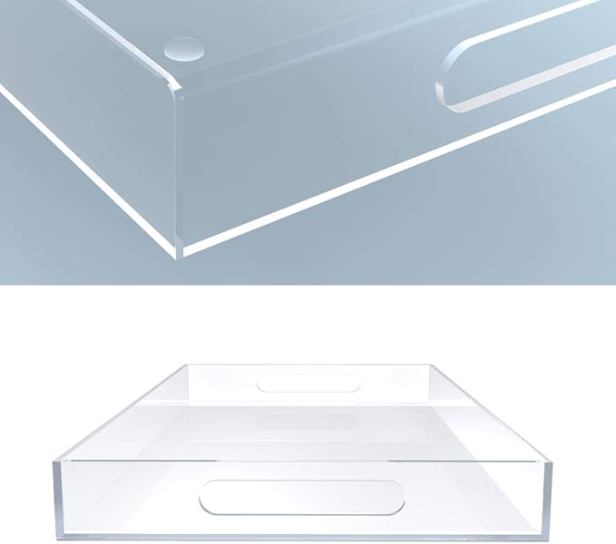 Clear Acrylic Serving Tray for Vanity, Bathroom, Ottoman, Desk and Décor with Handles (Rectangle, Large)